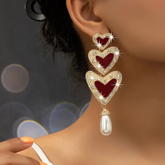 3/$35 14k Gold Plated Red Heart Drop Earrings Statement Pearl Dangle Rhinestone - Picture 1 of 7